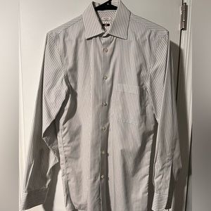 Wht JOSEPH ABBOUD Button down pocketed shirt. Gray/blk stripes. 14.5 neck; 32/33